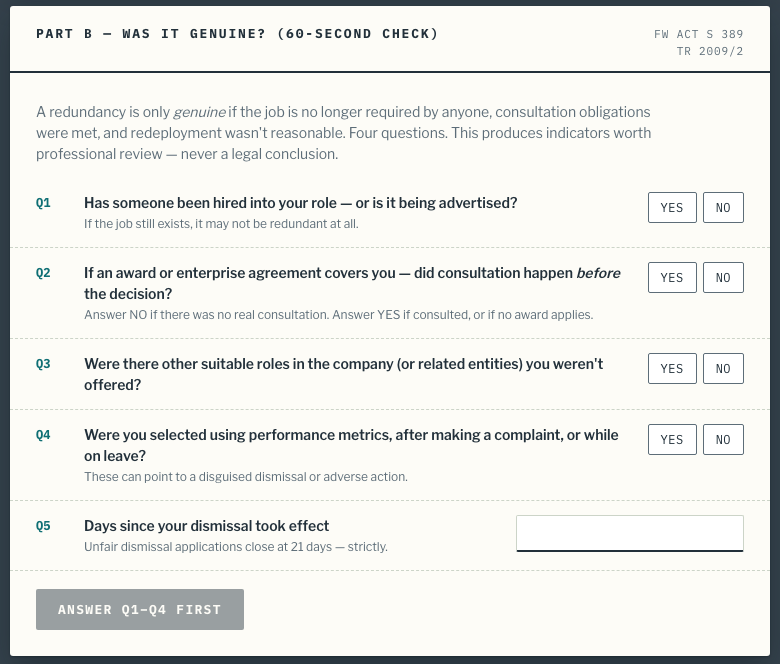 Part B — four yes/no questions about role refilling, consultation, redeployment and selection, a days-since-dismissal field, and a Stamp the outcome button